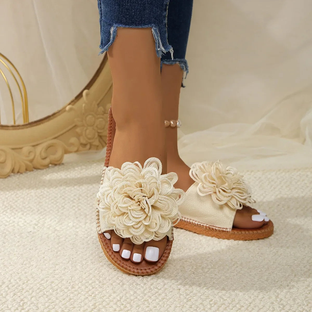 Women Flower Flat Slippers Casual Walking Shoes Female Summer Fashion Dress Sandals Outdoor Pink Shallow Zapatillas Mujer