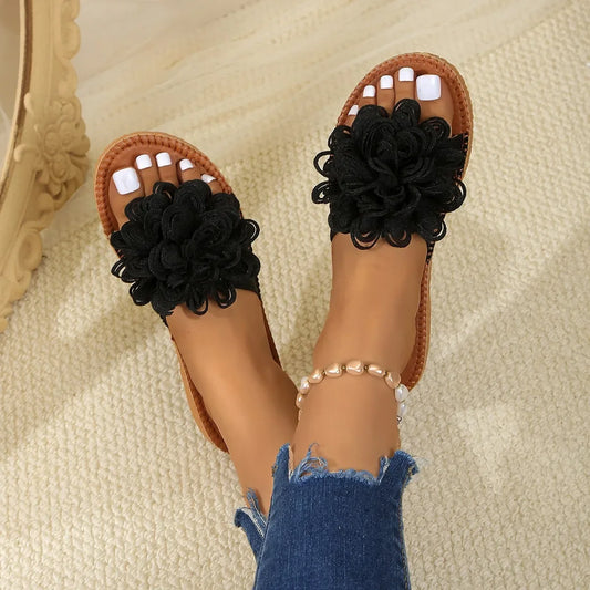 Women Flower Flat Slippers Casual Walking Shoes Female Summer Fashion Dress Sandals Outdoor Pink Shallow Zapatillas Mujer