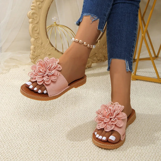 Women Flower Flat Slippers Casual Walking Shoes Female Summer Fashion Dress Sandals Outdoor Pink Shallow Zapatillas Mujer